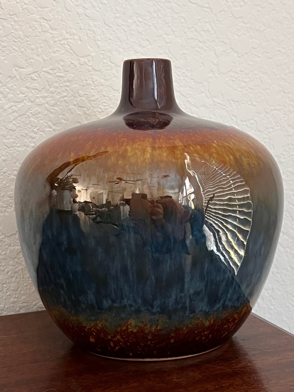 MCM Drip Glaze Glossy Brown Amber Blue Ceramic Vase Pottery - Picture 1 of 5